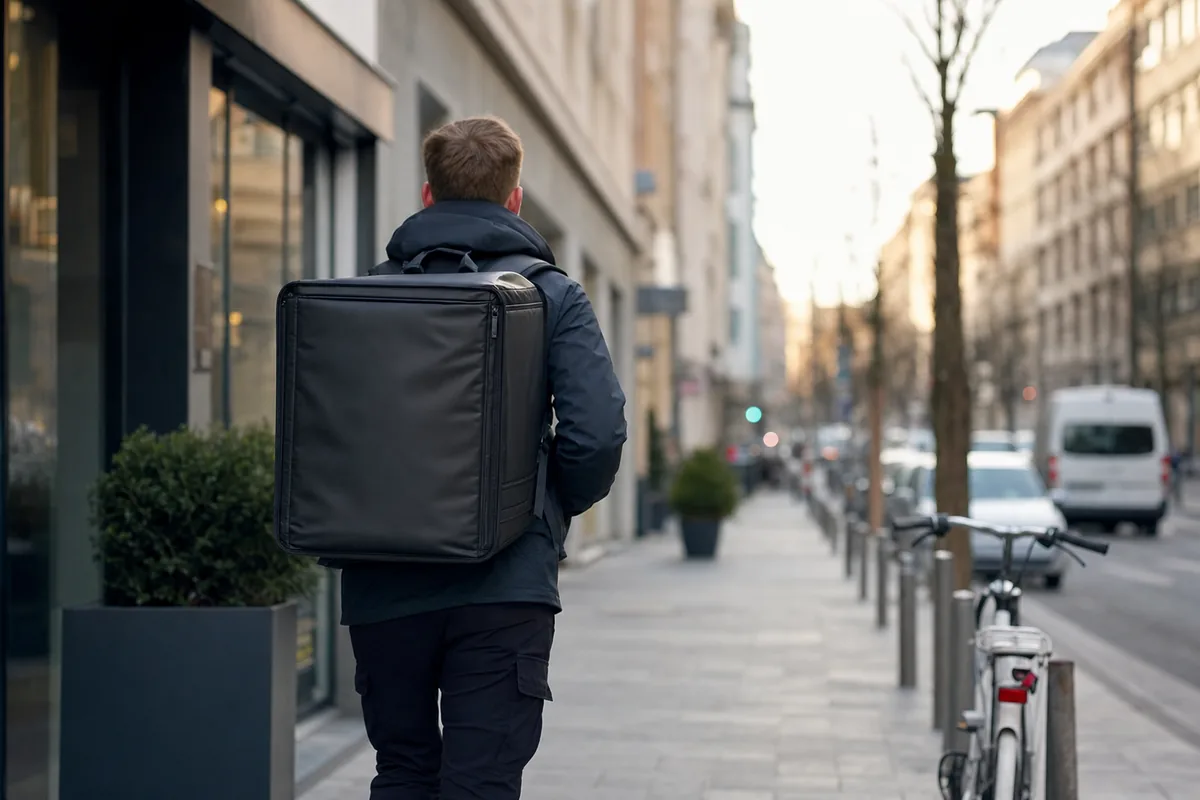 FleetX courier walking a delivery route with a branded backpack