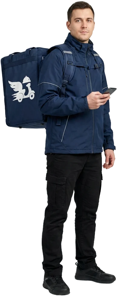 FleetX courier with a branded insulated delivery backpack